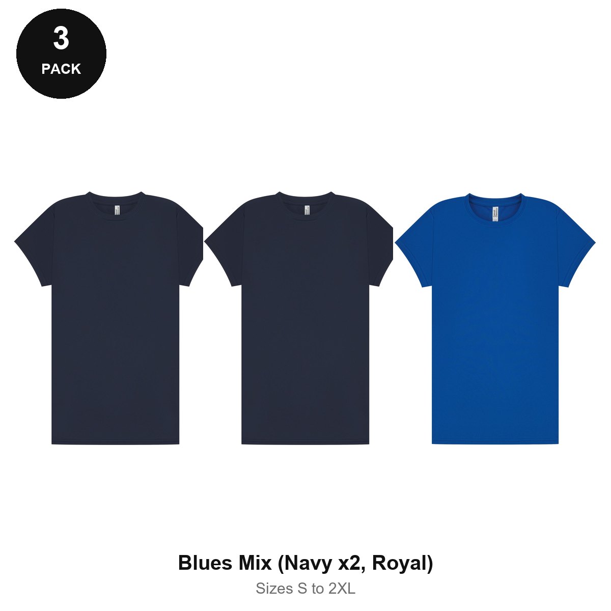 Ladies Gym Tech T-Shirts 3 Pack - 100% polyester 140gsm, Sizes S-2XL, Gym & Sports - Blues Mix (Navy x2, Royal)