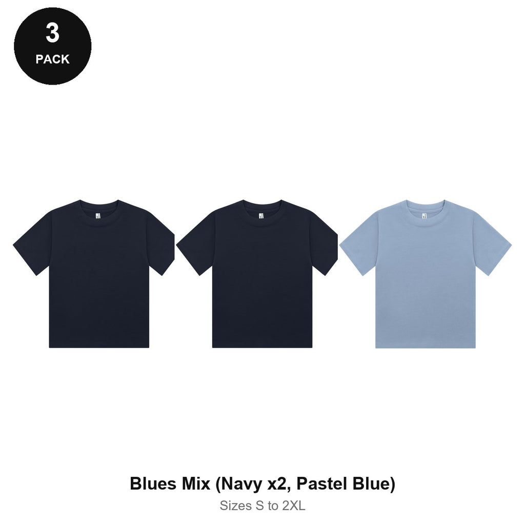 Ladies Cropped Baby Tees 3 Pack - 100% combed cotton 220gsm, Sizes S-2XL - Blues Mix (Navy x2, Pastel Blue)