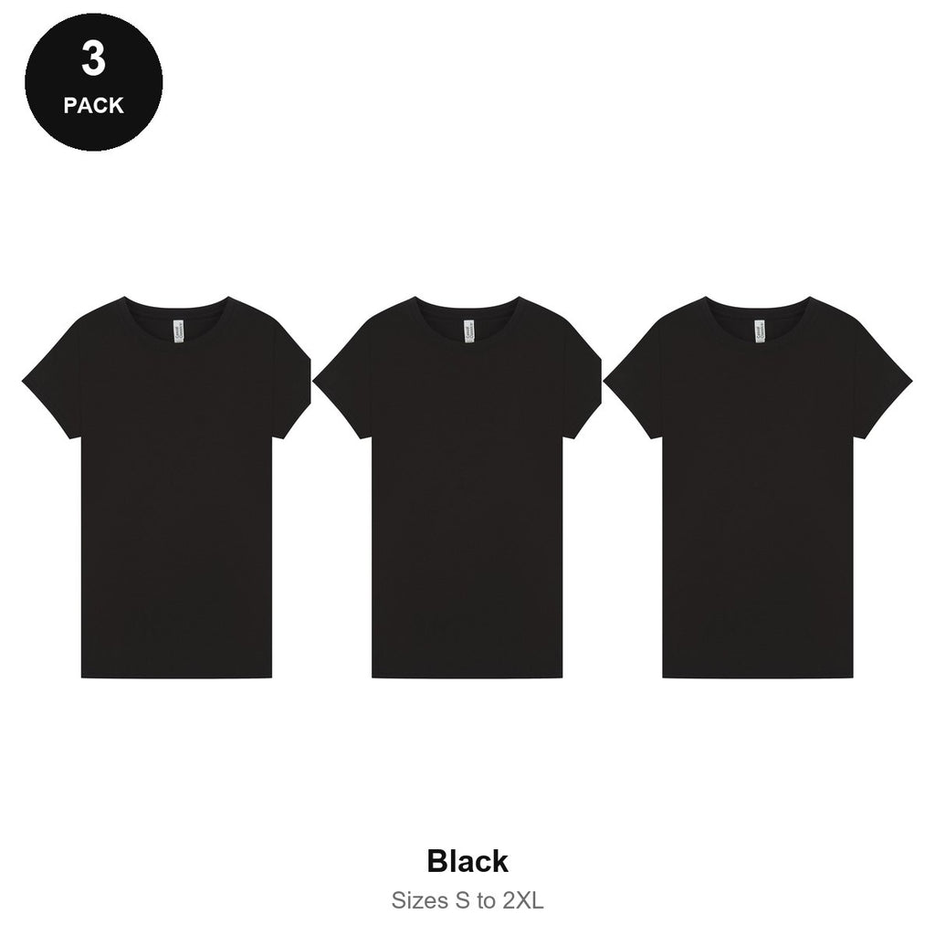 Ladies Plain T-Shirts 3 Pack - 100% ringspun cotton 150gsm, Sizes S-2XL - Black