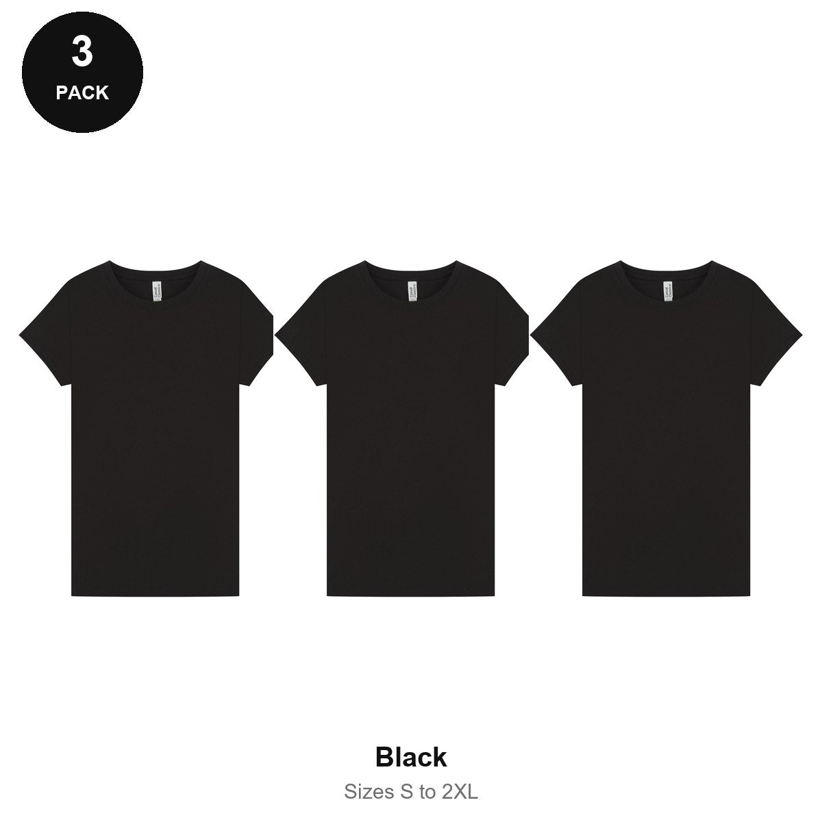 Ladies Plain T-Shirts 3 Pack - 100% ringspun cotton 150gsm, Sizes S-2XL - Black