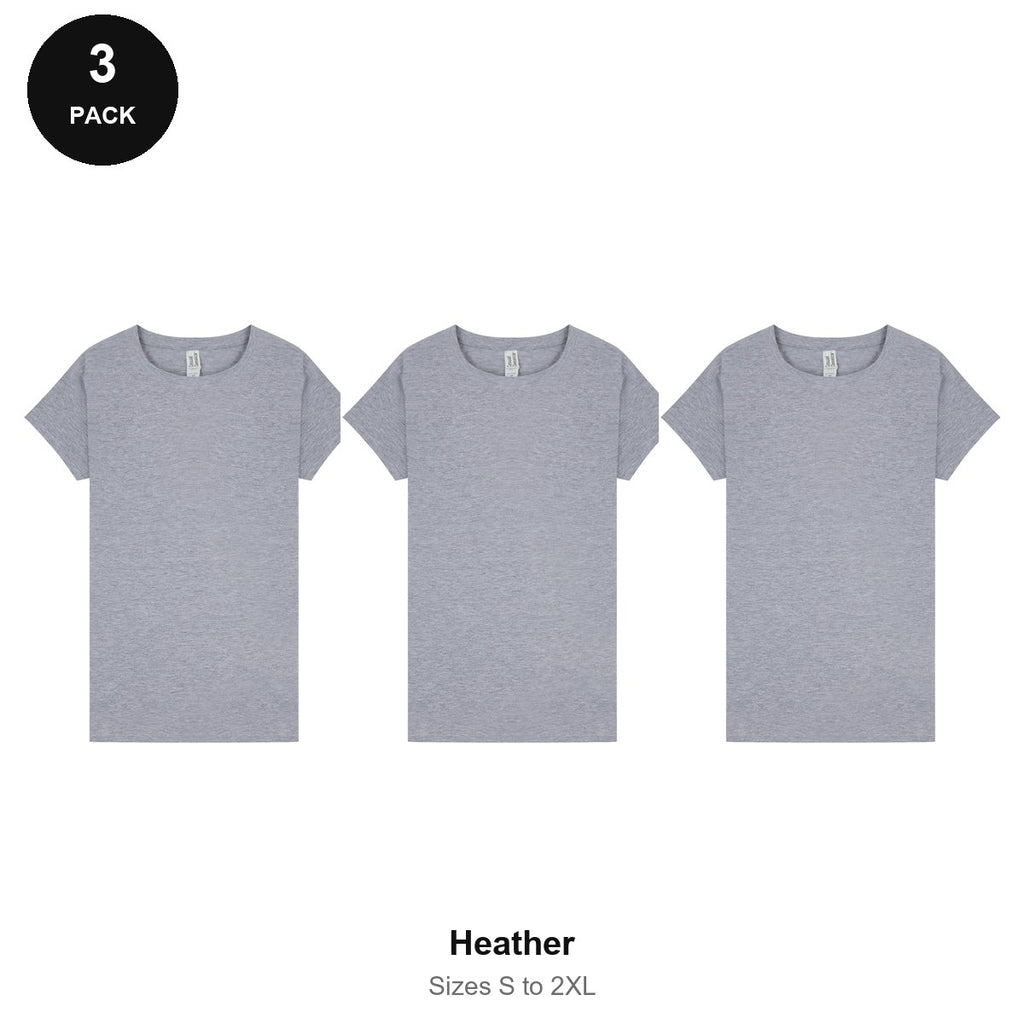 Ladies Plain T-Shirts 3 Pack - 100% ringspun cotton 150gsm, Sizes S-2XL - Heather