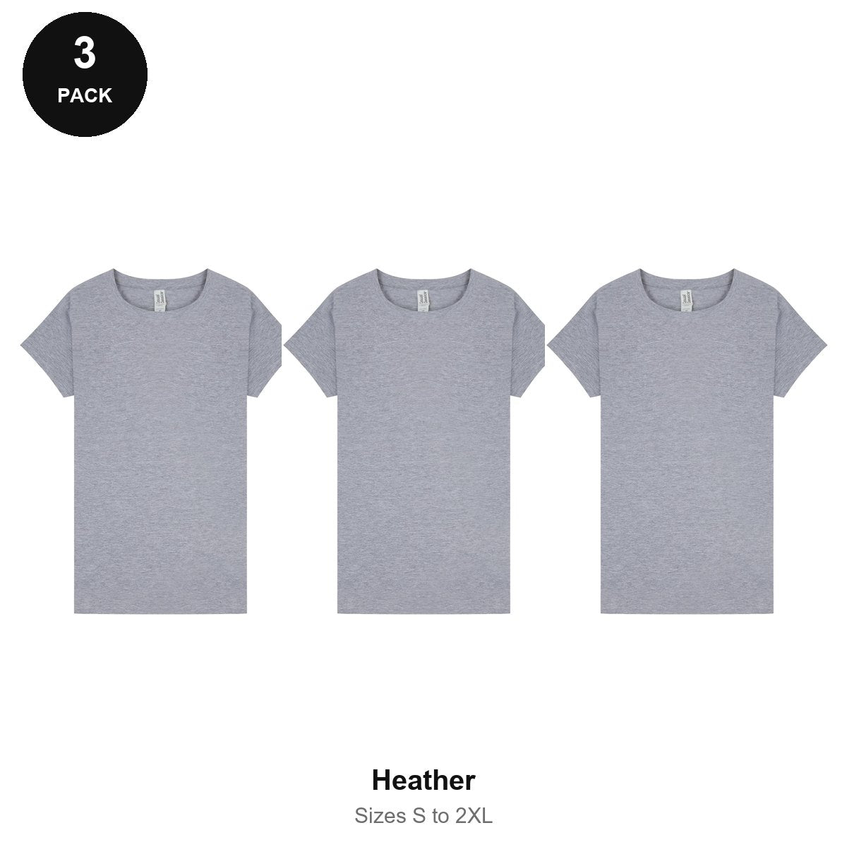 Ladies Plain T-Shirts 3 Pack - 100% ringspun cotton 150gsm, Sizes S-2XL - Heather