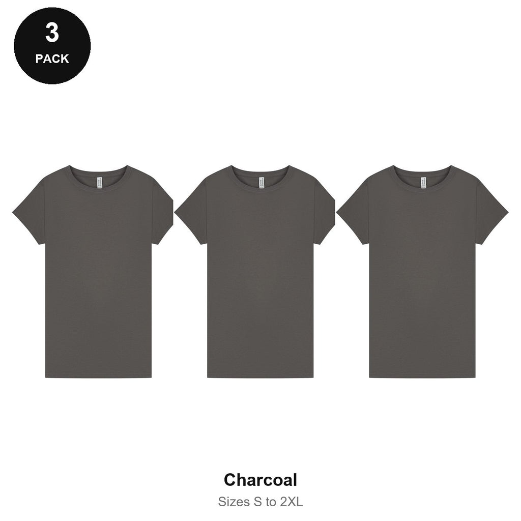 Ladies Plain T-Shirts 3 Pack - 100% ringspun cotton 150gsm, Sizes S-2XL - Charcoal