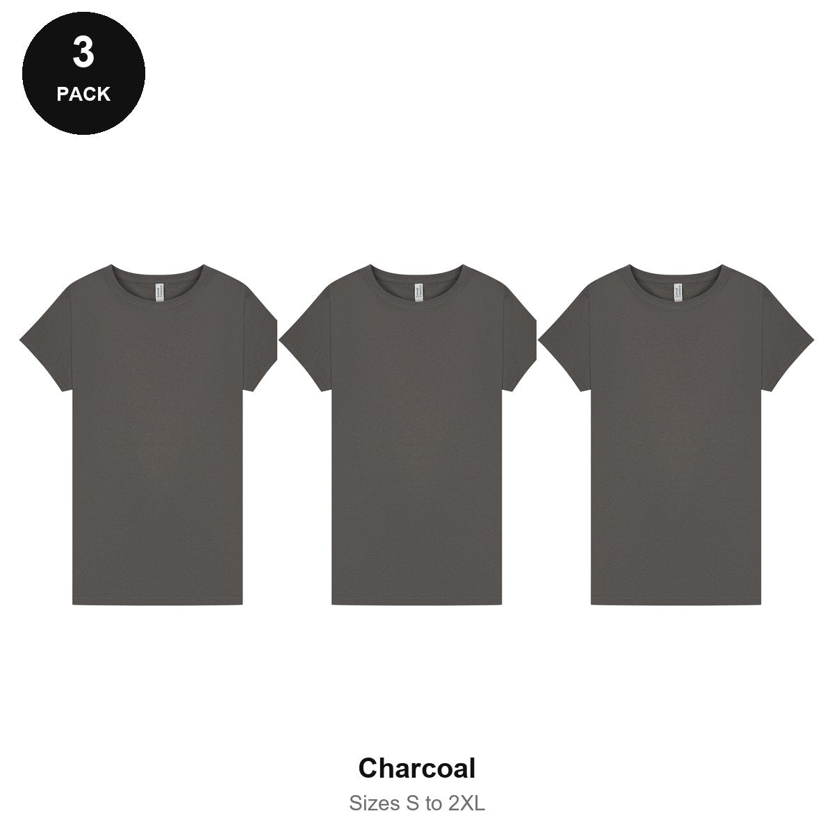 Ladies Plain T-Shirts 3 Pack - 100% ringspun cotton 150gsm, Sizes S-2XL - Charcoal