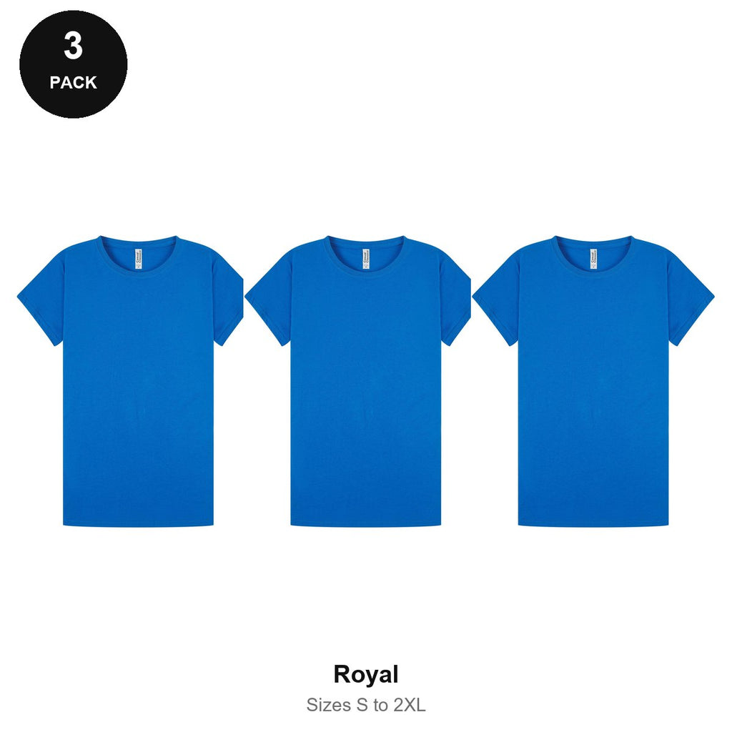 Ladies Plain T-Shirts 3 Pack - 100% ringspun cotton 150gsm, Sizes S-2XL - Royal