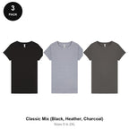 Ladies Plain T-Shirts 3 Pack - 100% ringspun cotton 150gsm, Sizes S-2XL - Classic Mix (Black, Heather, Charcoal)