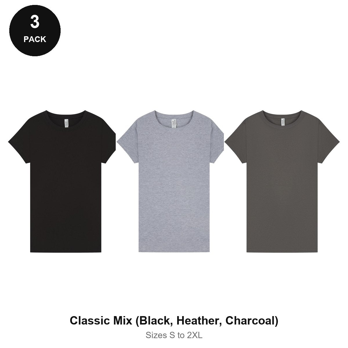 Ladies Plain T-Shirts 3 Pack - 100% ringspun cotton 150gsm, Sizes S-2XL - Classic Mix (Black, Heather, Charcoal)