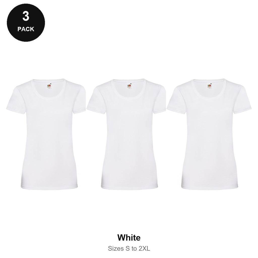 Ladies Fruit of the Loom Valueweight T-Shirts 3 Pack - 100% cotton 165gsm, Sizes S-2XL - White