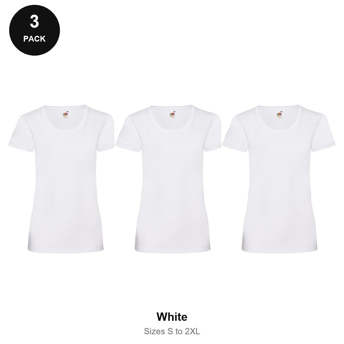 Ladies Fruit of the Loom Valueweight T-Shirts 3 Pack - 100% cotton 165gsm, Sizes S-2XL - White