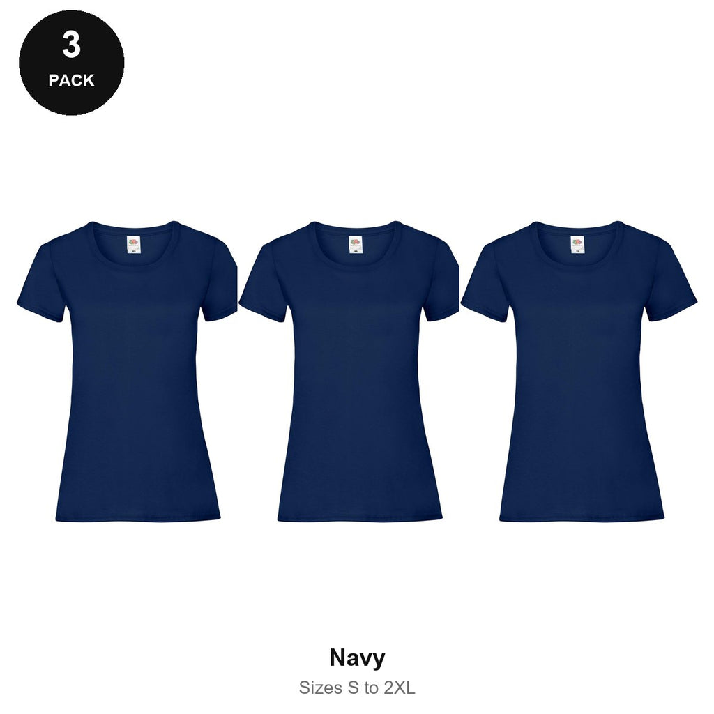 Ladies Fruit of the Loom Valueweight T-Shirts 3 Pack - 100% cotton 165gsm, Sizes S-2XL - Navy