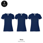 Ladies Fruit of the Loom Valueweight T-Shirts 3 Pack - 100% cotton 165gsm, Sizes S-2XL - Navy