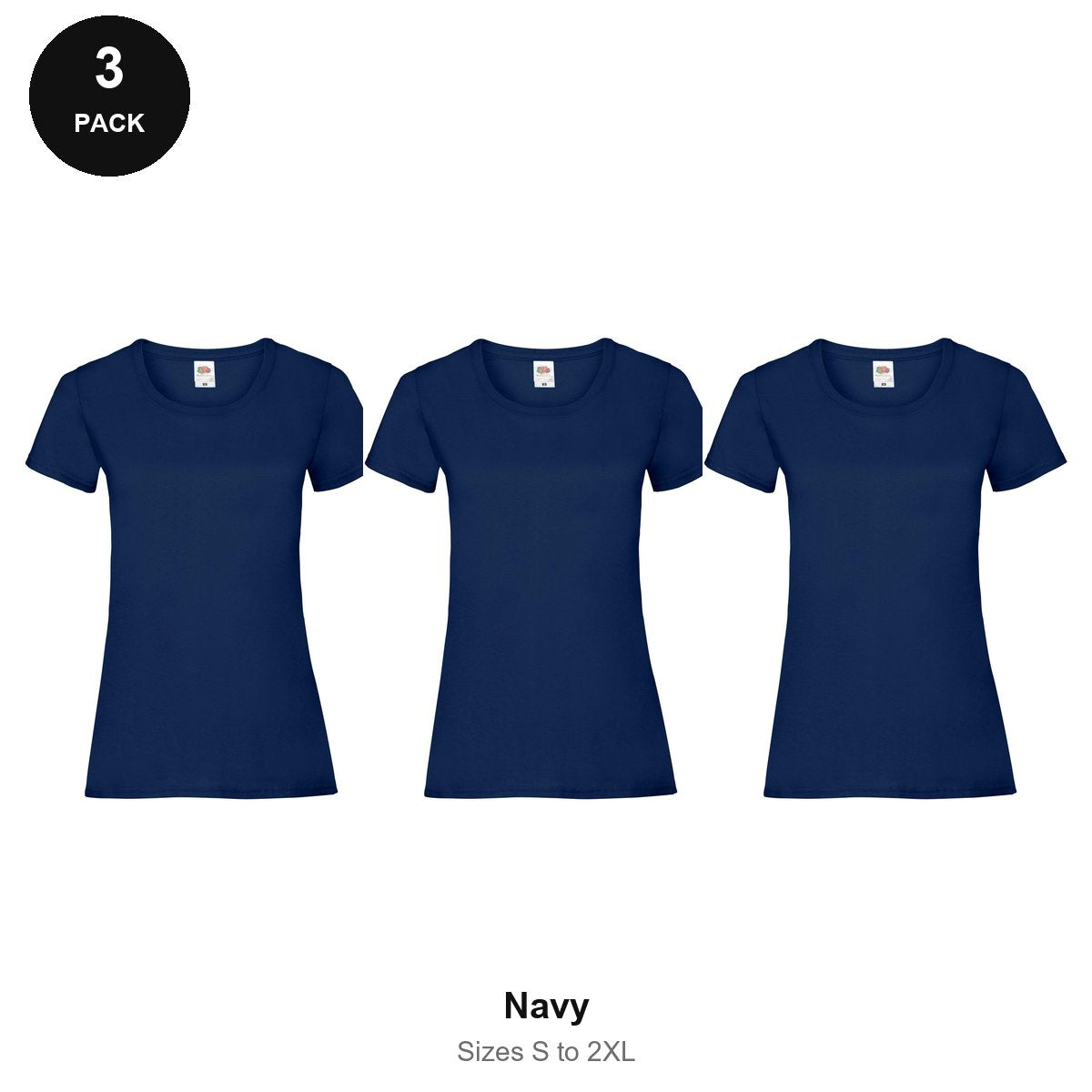 Ladies Fruit of the Loom Valueweight T-Shirts 3 Pack - 100% cotton 165gsm, Sizes S-2XL - Navy