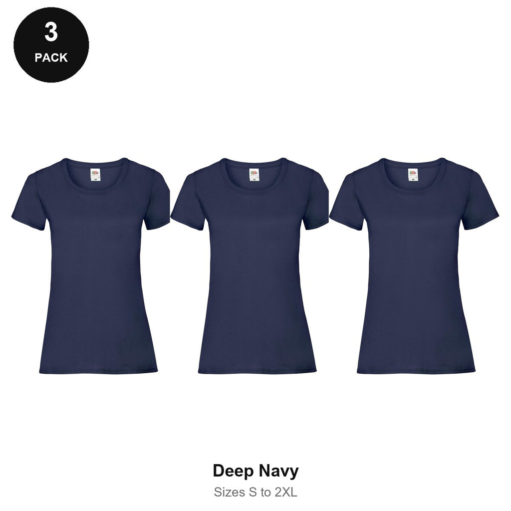 Ladies Fruit of the Loom Valueweight T-Shirts 3 Pack - 100% cotton 165gsm, Sizes S-2XL - Deep Navy