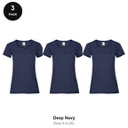 Ladies Fruit of the Loom Valueweight T-Shirts 3 Pack - 100% cotton 165gsm, Sizes S-2XL - Deep Navy