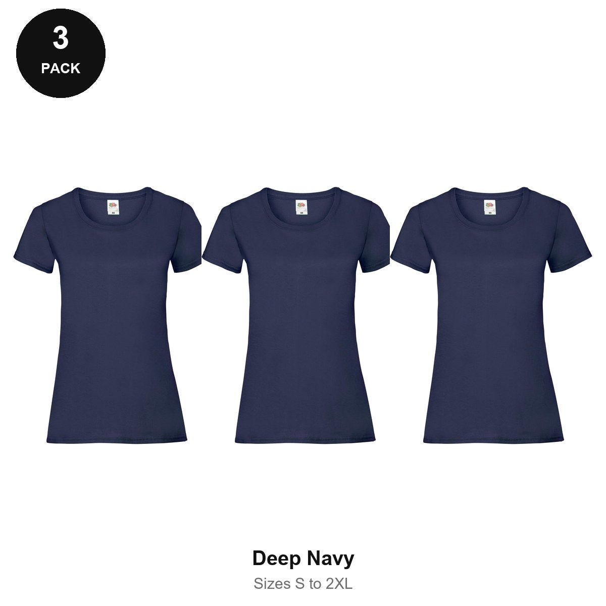 Ladies Fruit of the Loom Valueweight T-Shirts 3 Pack - 100% cotton 165gsm, Sizes S-2XL - Deep Navy