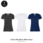 Ladies Fruit of the Loom Valueweight T-Shirts 3 Pack - 100% cotton 165gsm, Sizes S-2XL - Classic Mix (Black, White, Navy)