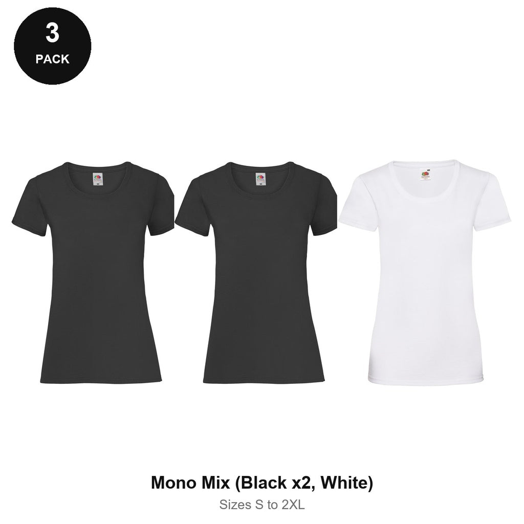 Ladies Fruit of the Loom Valueweight T-Shirts 3 Pack - 100% cotton 165gsm, Sizes S-2XL - Mono Mix (Black x2, White)