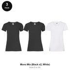 Ladies Fruit of the Loom Valueweight T-Shirts 3 Pack - 100% cotton 165gsm, Sizes S-2XL - Mono Mix (Black x2, White)