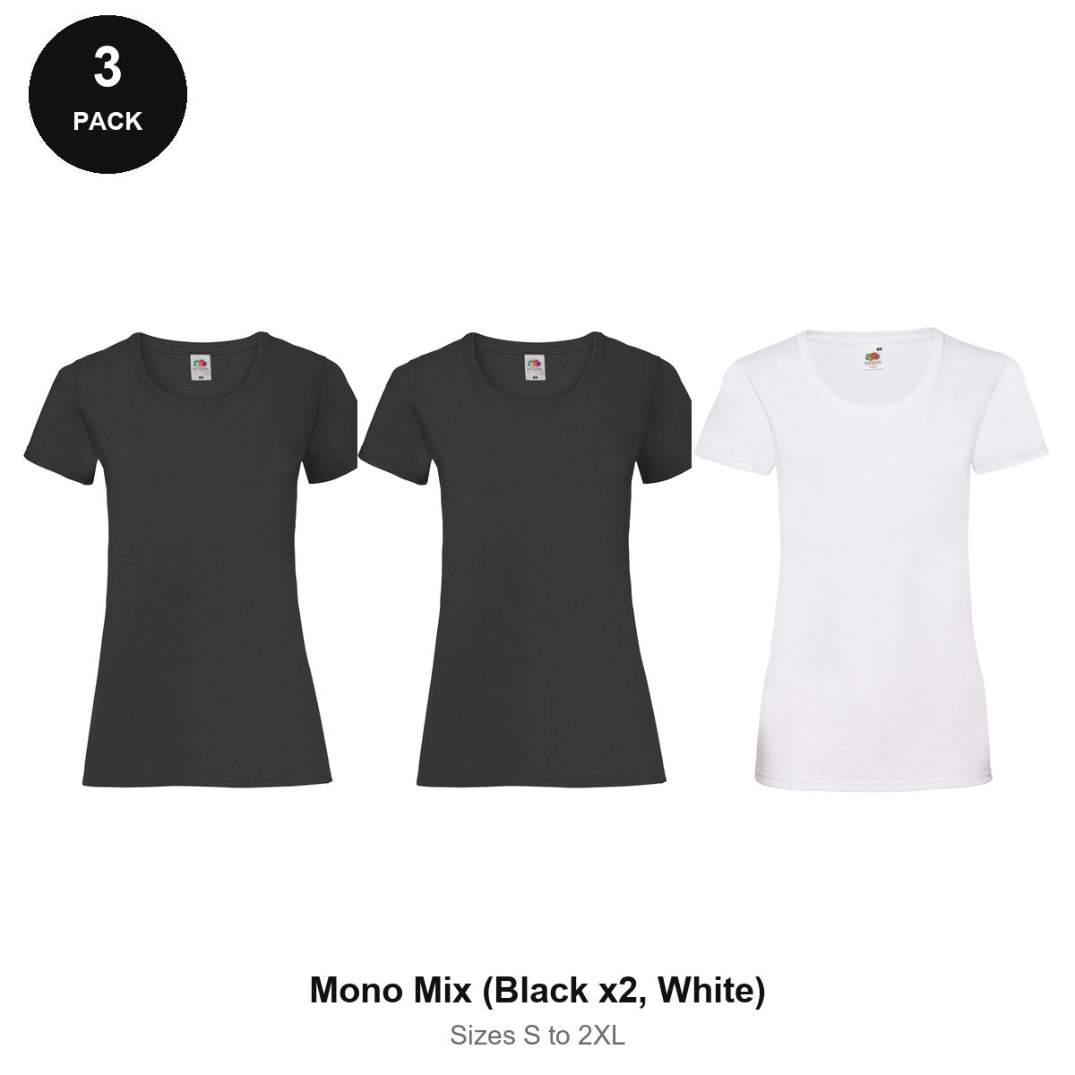 Ladies Fruit of the Loom Valueweight T-Shirts 3 Pack - 100% cotton 165gsm, Sizes S-2XL - Mono Mix (Black x2, White)