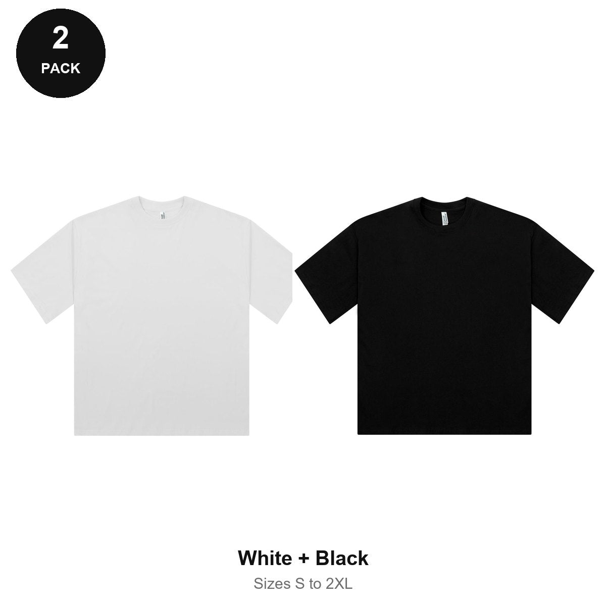 Ladies Oversized T-Shirts 2 Pack - 100% combed cotton 180gsm, Sizes S-2XL - White + Black