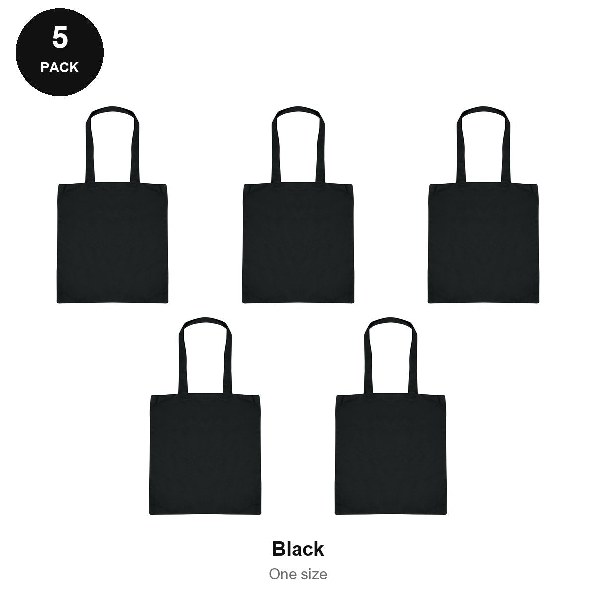Cotton Shopper Tote Bags 5 Pack - 100% cotton 155gsm, One Size - Black