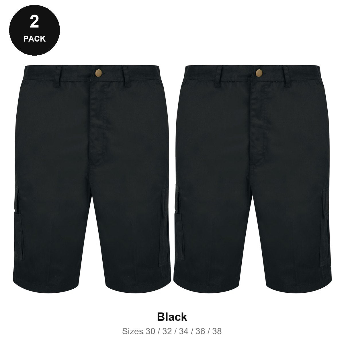 Work Cargo Shorts 2 Pack - 65% polyester / 35% cotton 245gsm, Waist 30-38, Workwear - Black