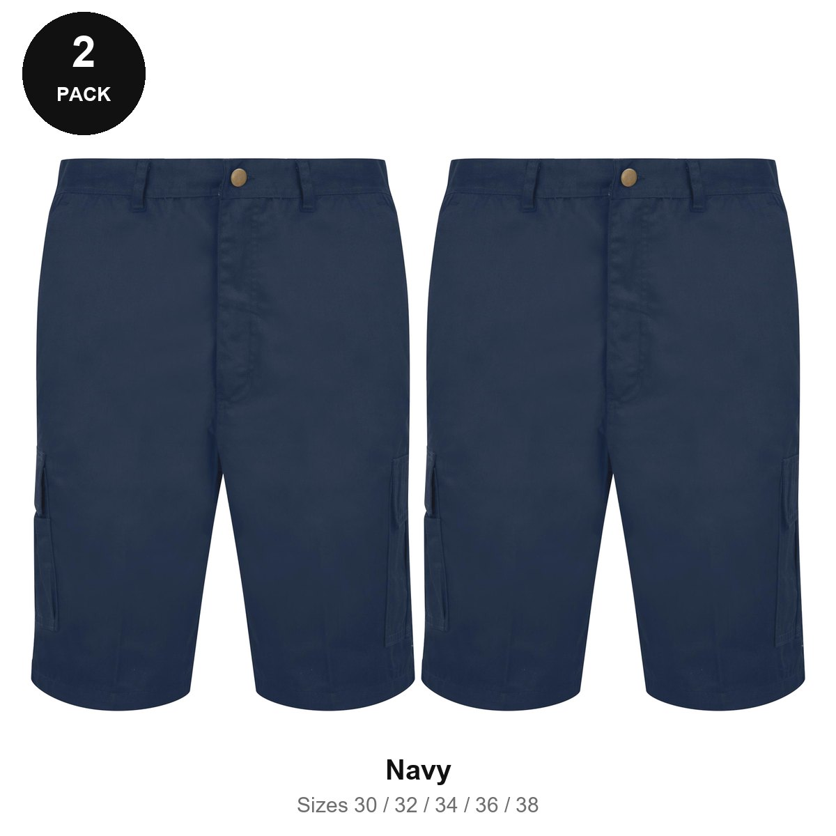 Work Cargo Shorts 2 Pack - 65% polyester / 35% cotton 245gsm, Waist 30-38, Workwear - Navy