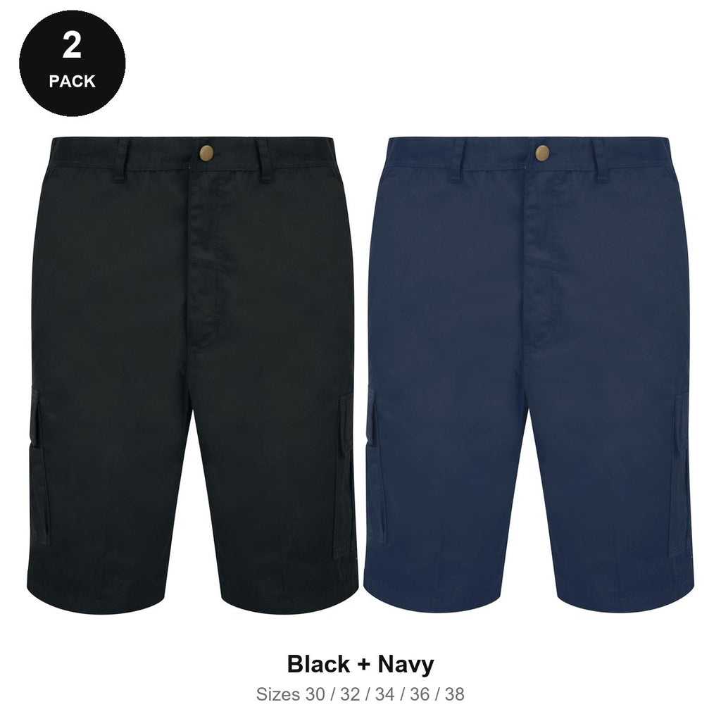 Work Cargo Shorts 2 Pack - 65% polyester / 35% cotton 245gsm, Waist 30-38, Workwear - Black + Navy