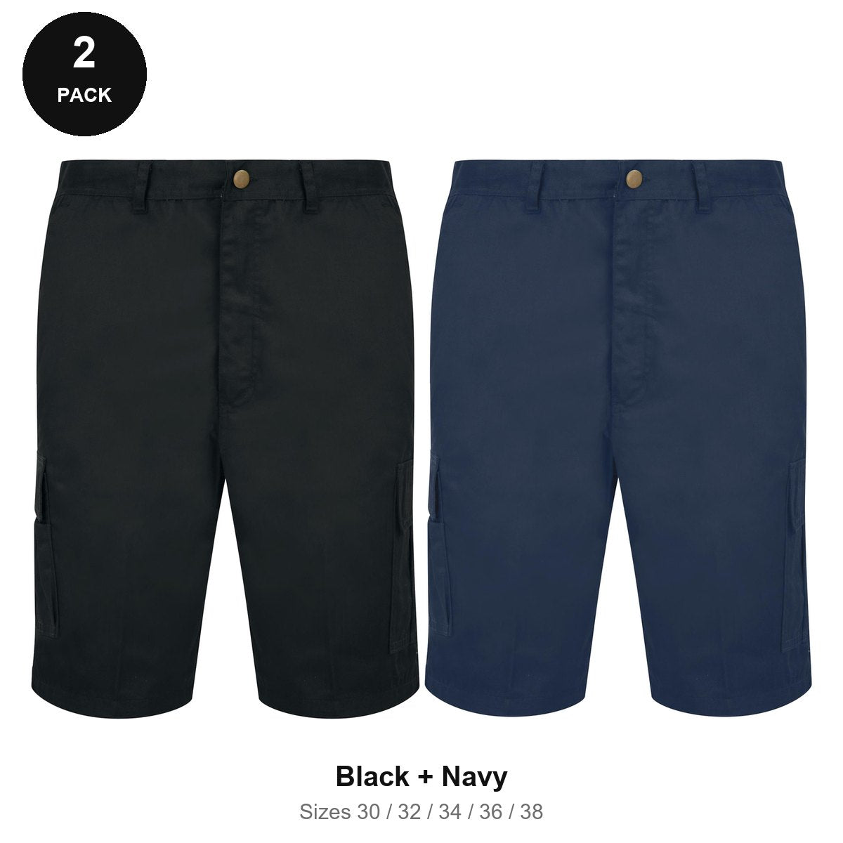 Work Cargo Shorts 2 Pack - 65% polyester / 35% cotton 245gsm, Waist 30-38, Workwear - Black + Navy