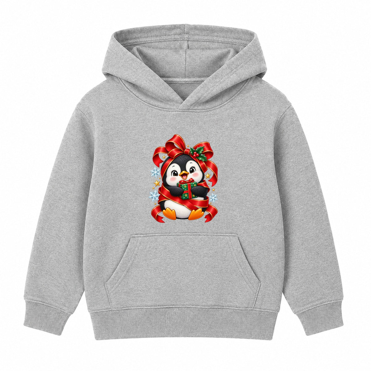Gift Wrapped Penguin kids Christmas hoodie - Heather Grey