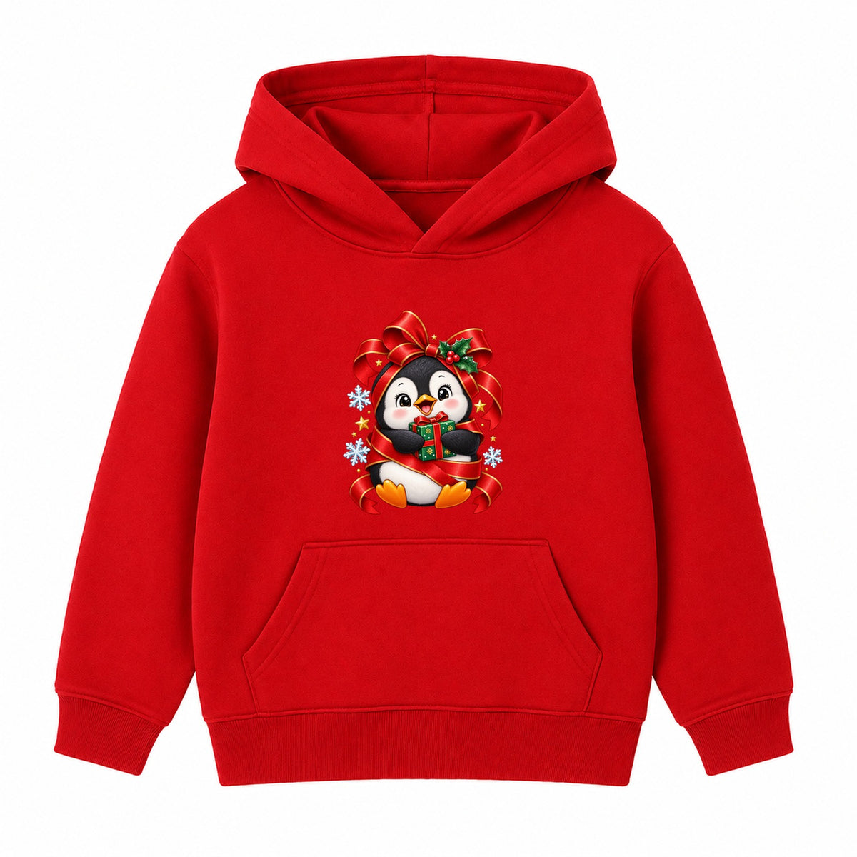 Gift Wrapped Penguin kids Christmas hoodie - Red