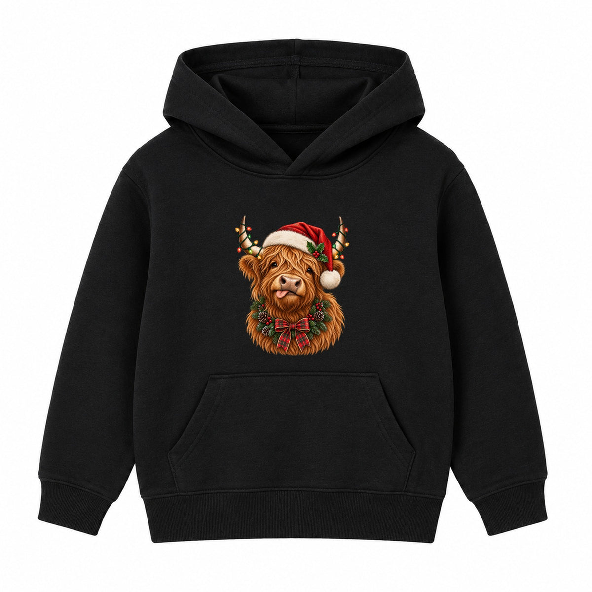 Festive Highland Cow adult Christmas hoodie - Black