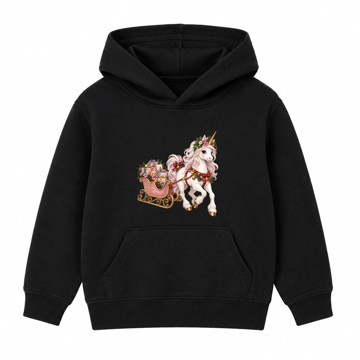 Unicorn Sleigh kids Christmas hoodie - Black