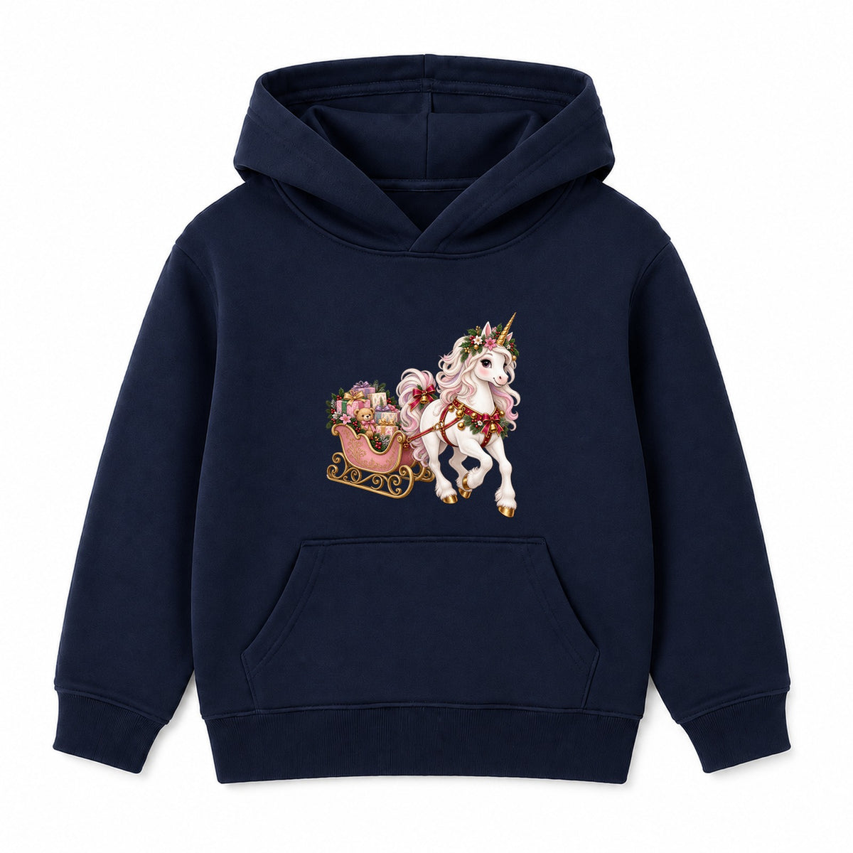 Unicorn Sleigh kids Christmas hoodie - Navy