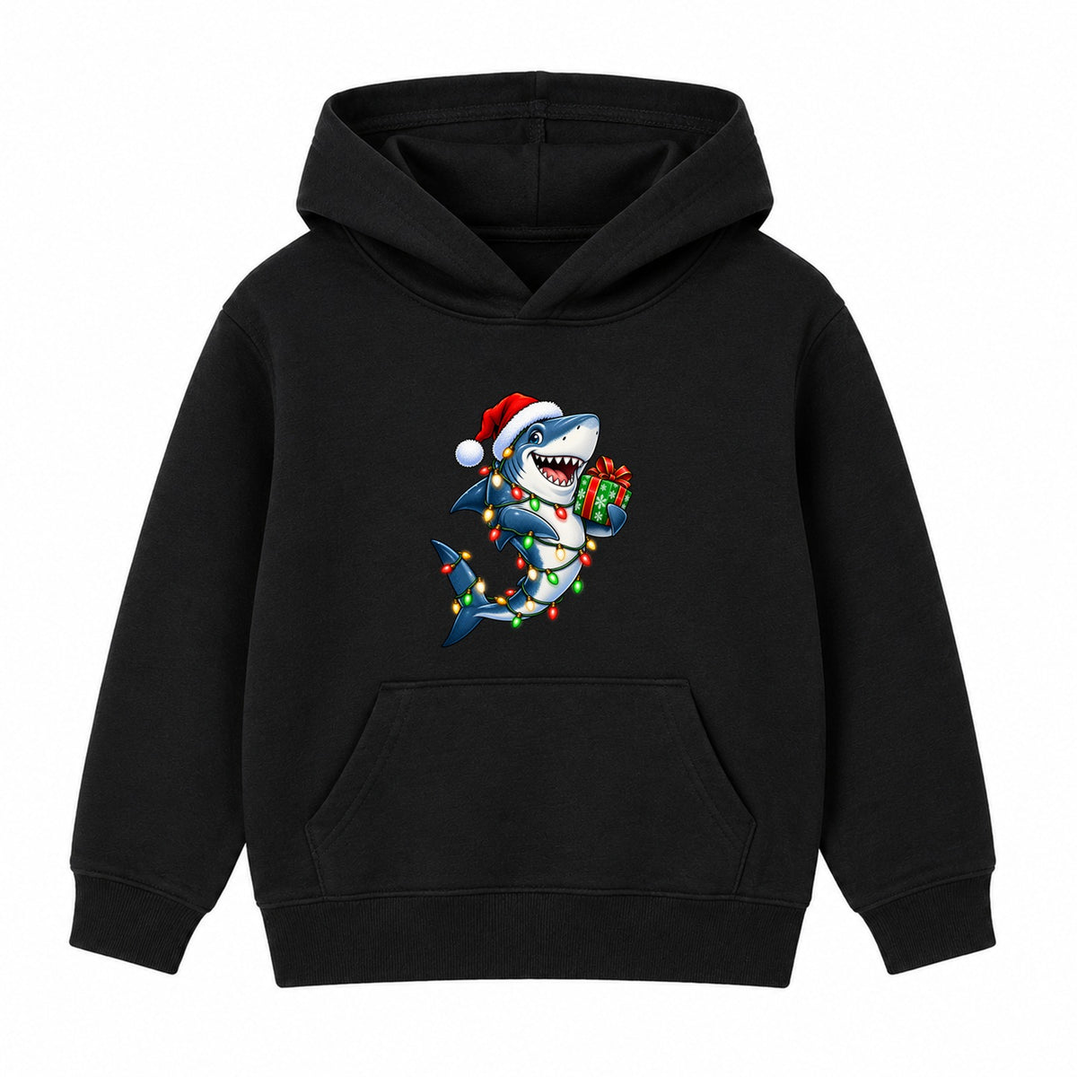 Christmas Lights Shark kids Christmas hoodie - Black