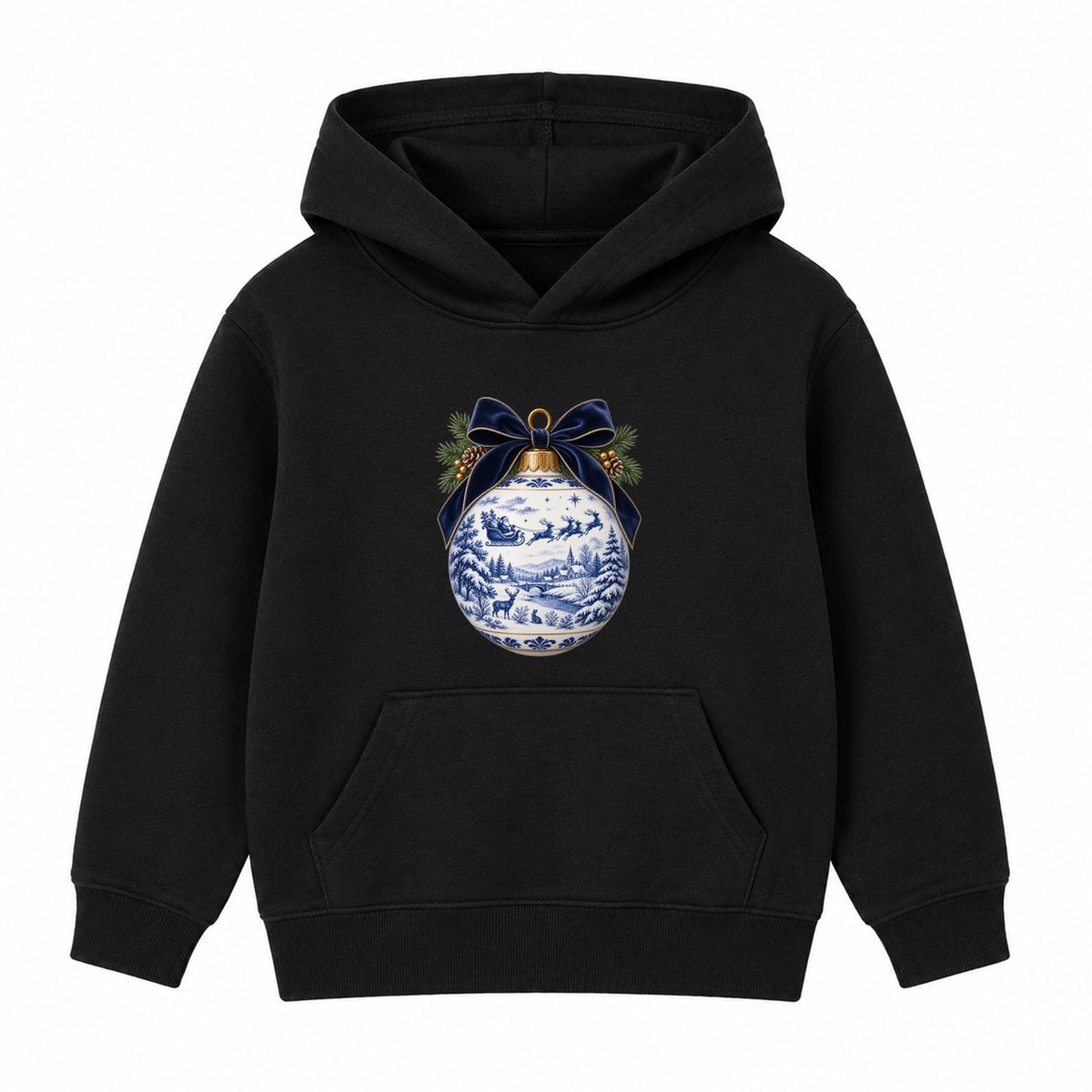 Blue Toile Bauble adult Christmas hoodie - Black