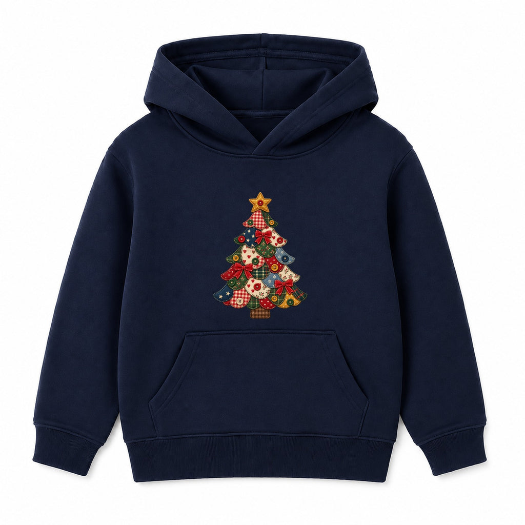 Patchwork Quilt Tree kids Christmas hoodie - Navy
