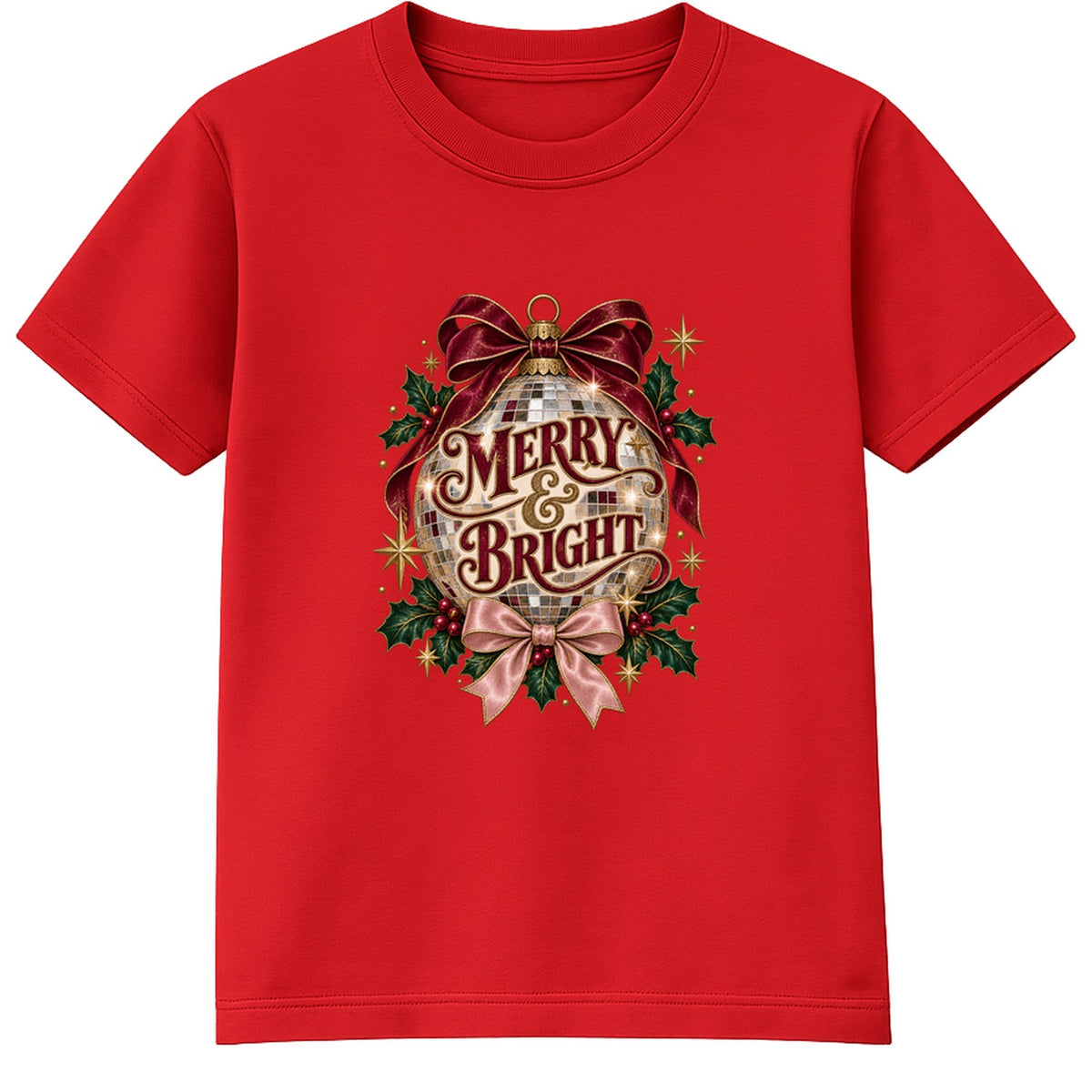 Merry & Bright Disco Bauble adult Christmas t-shirt - Red