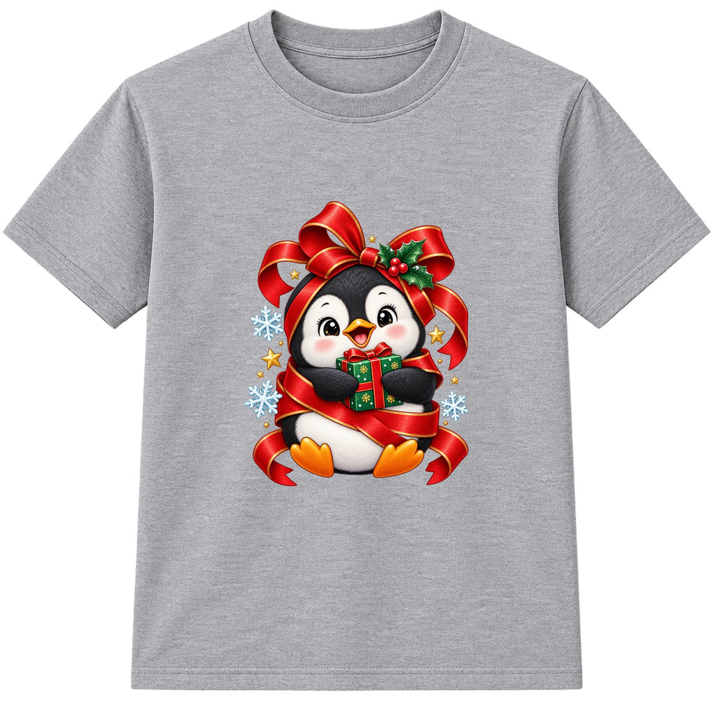 Gift Wrapped Penguin kids Christmas t-shirt - Heather Grey