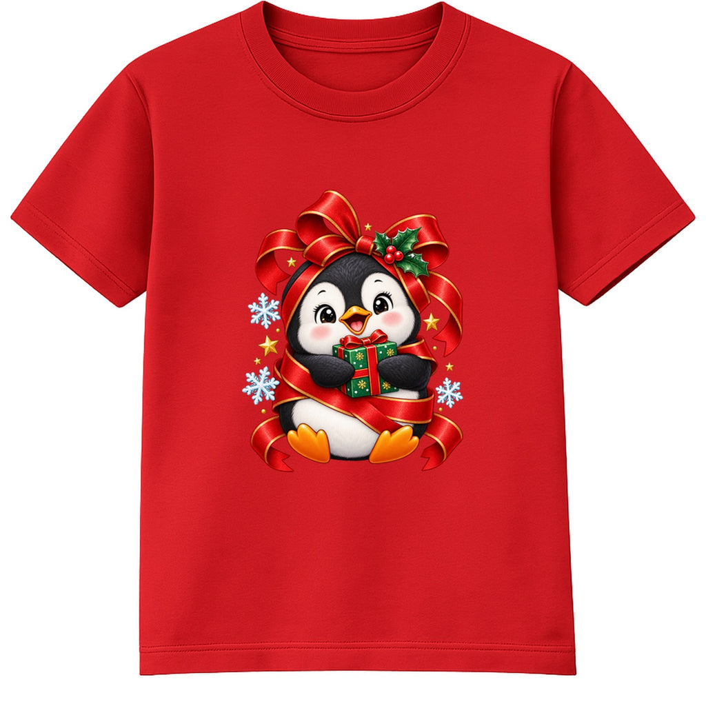 Gift Wrapped Penguin kids Christmas t-shirt - Red