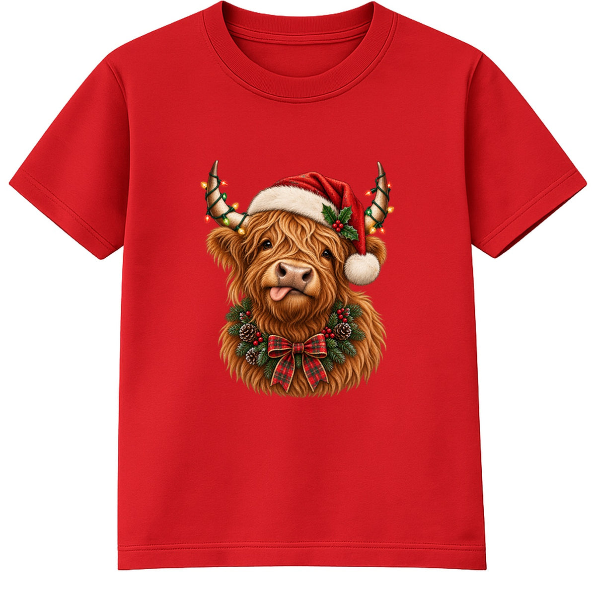 Festive Highland Cow adult Christmas t-shirt - Red