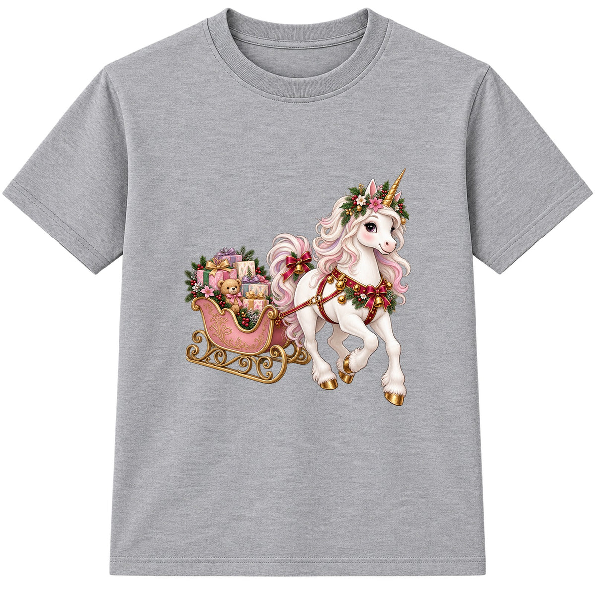 Unicorn Sleigh kids Christmas t-shirt - Heather Grey