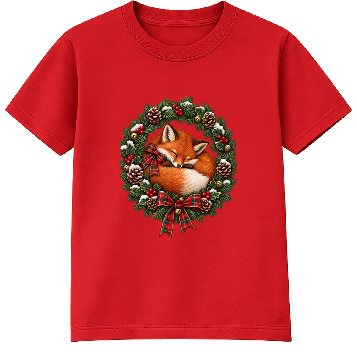 Sleeping Fox Wreath adult Christmas t-shirt - Red