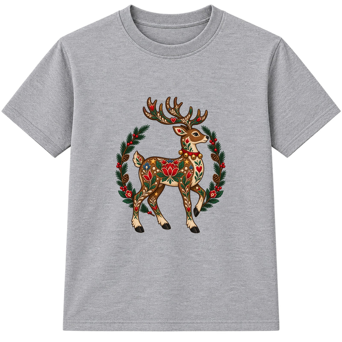 Folk Art Reindeer adult Christmas t-shirt - Heather Grey