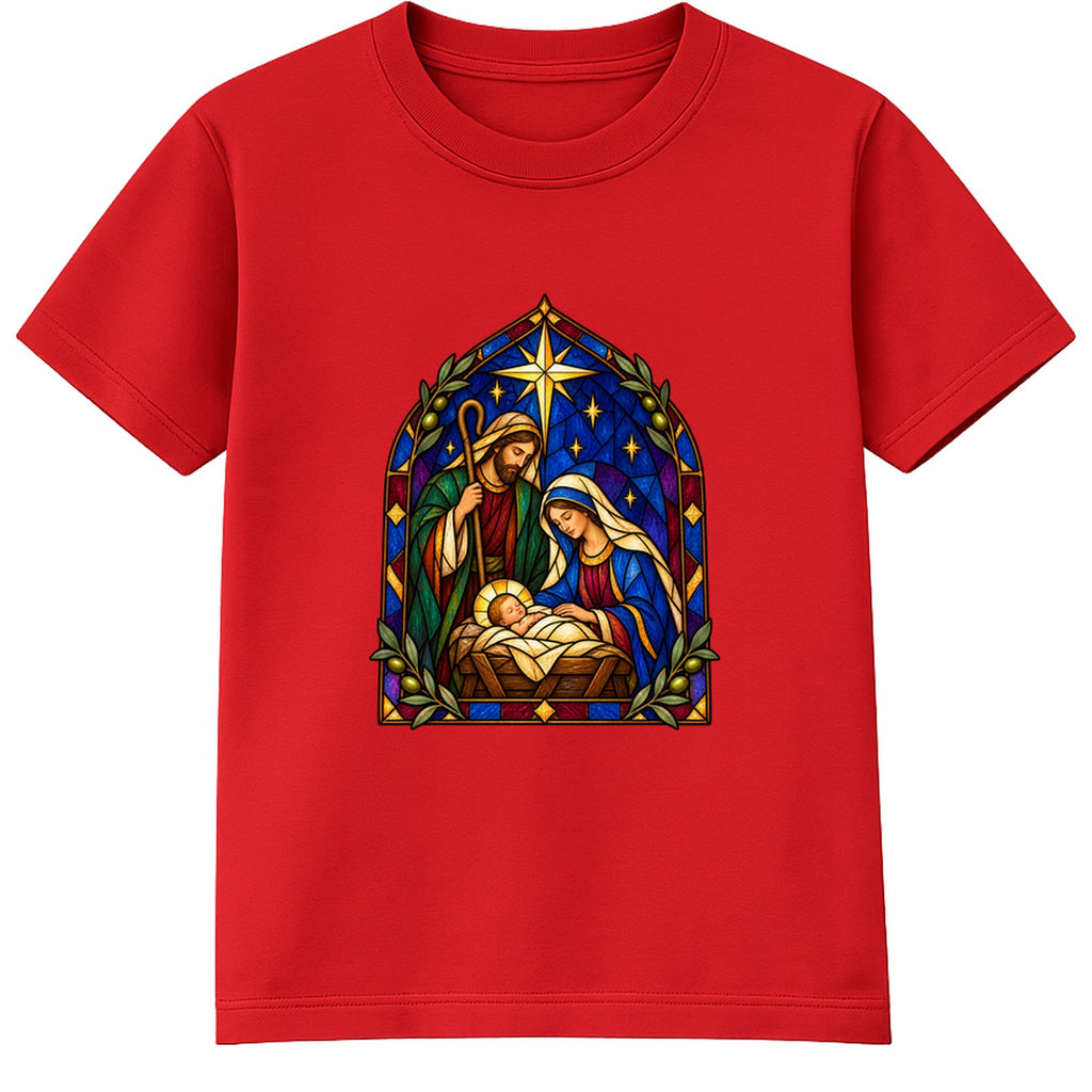 Stained Glass Nativity adult Christmas t-shirt - Red