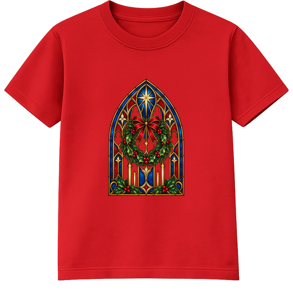 Church Window Wreath adult Christmas t-shirt - Red
