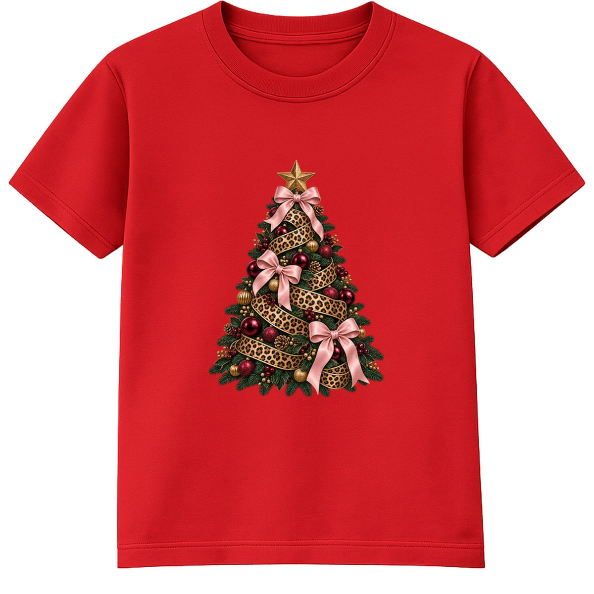 Leopard Bow Tree adult Christmas t-shirt - Red