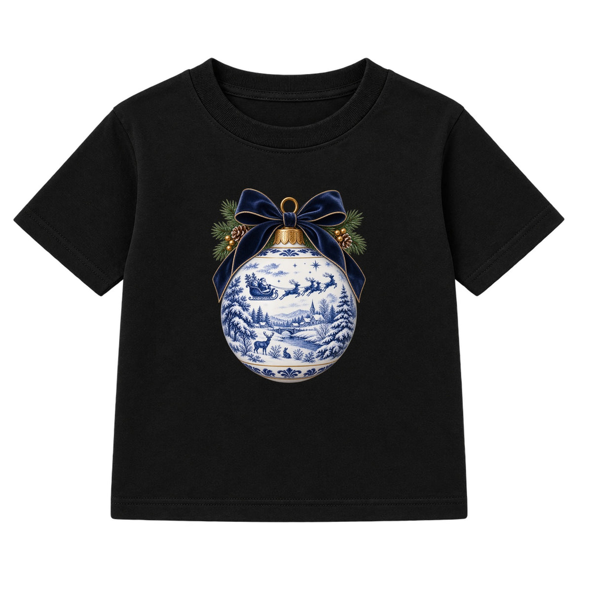 Blue Toile Bauble adult Christmas t-shirt - Black