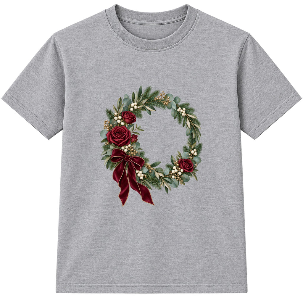 Burgundy Rose Wreath adult Christmas t-shirt - Heather Grey