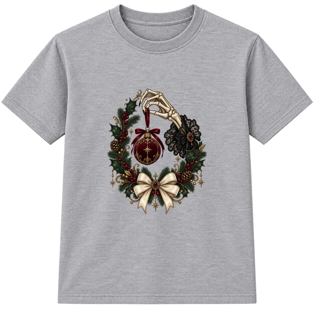 Skeleton Hand Bauble adult Christmas t-shirt - Heather Grey